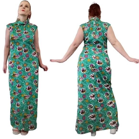 VTG 60s Handmade Green Groovy Floral Print High Neck Maxi Dress Large - Picture 14 of 16